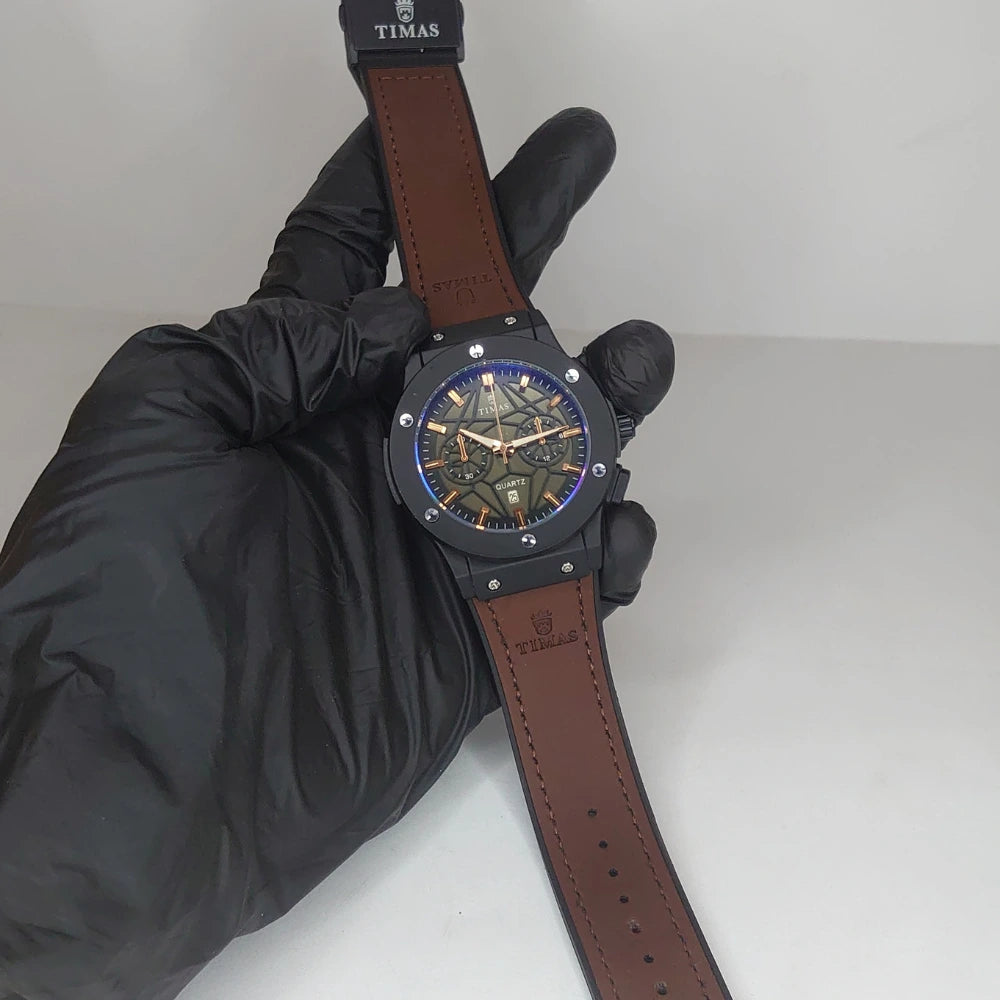 Timas Royal Chronograph – Rose Gold Black And Brown Edition - Leather Strap Watch