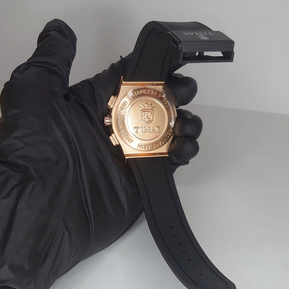 Timas Royal Chronograph – Rose Gold Black And Brown Edition - Leather Strap Watch