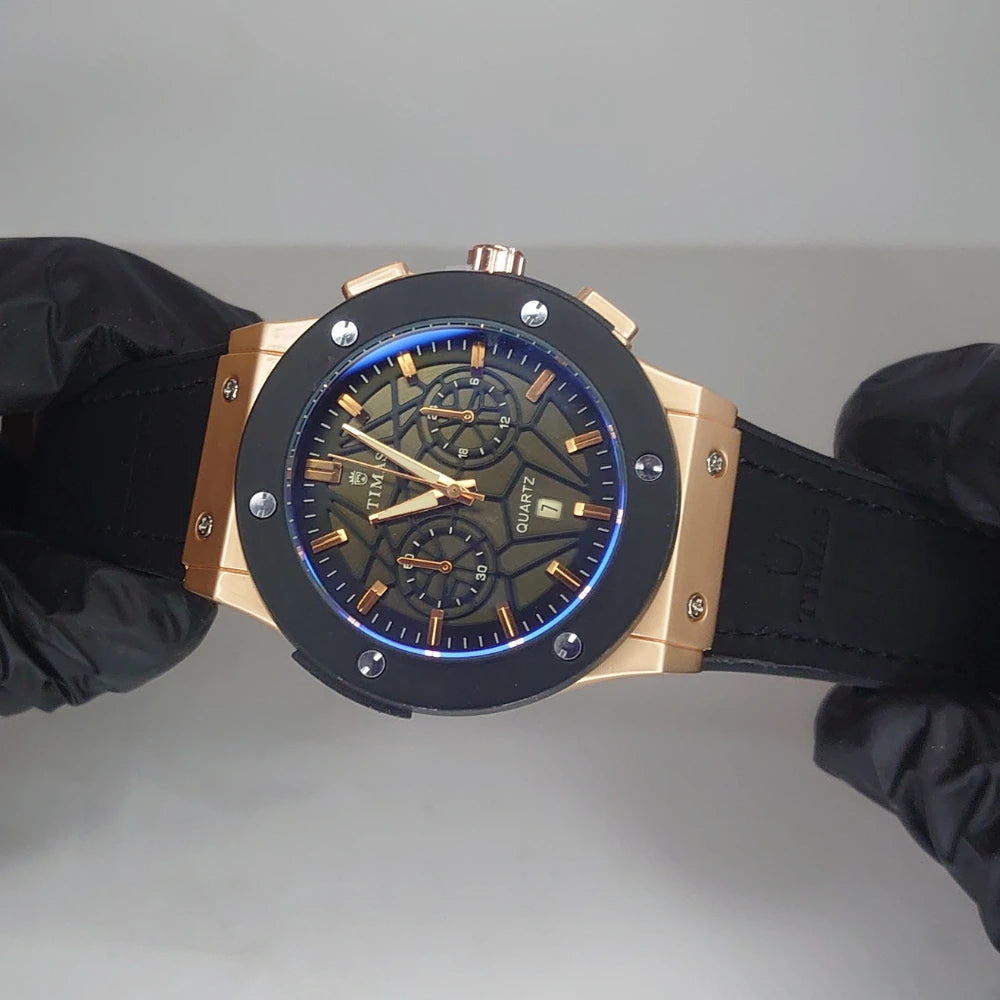 Timas Royal Chronograph – Rose Gold Black And Brown Edition - Leather Strap Watch