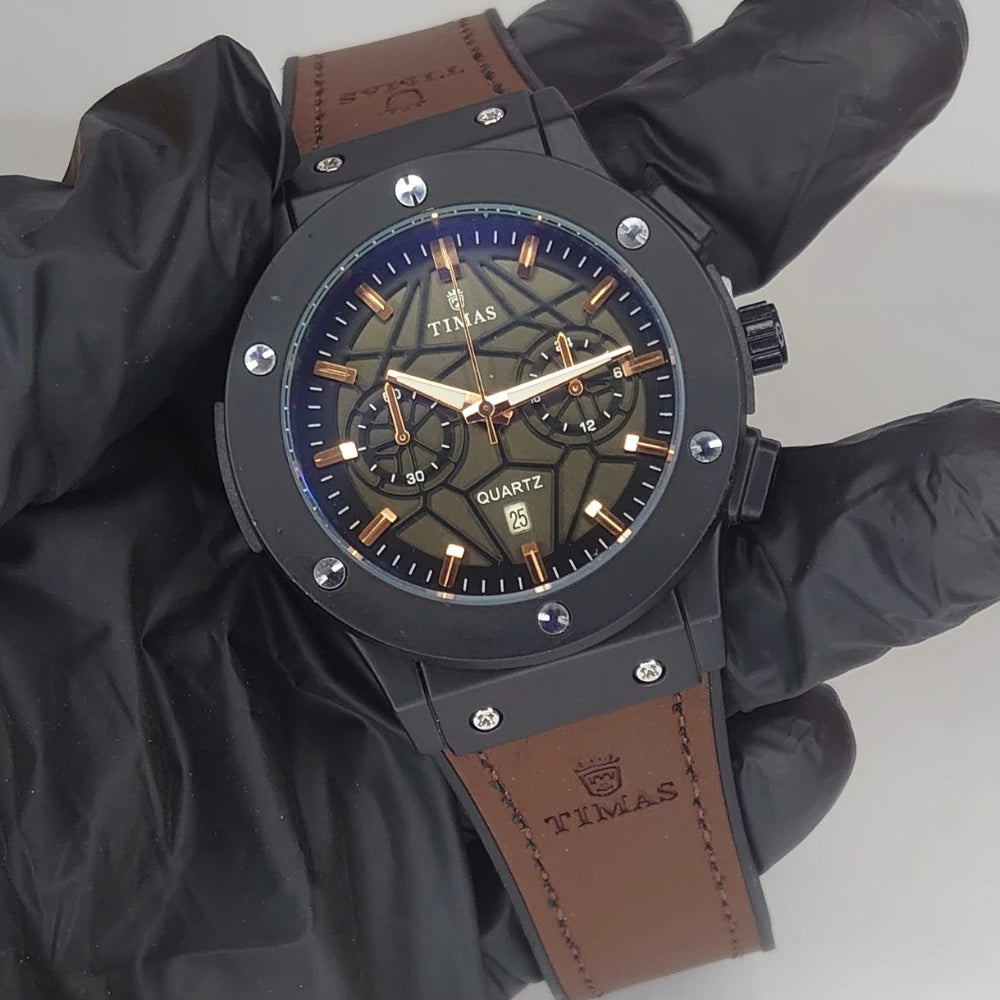 Timas Royal Chronograph – Rose Gold Black And Brown Edition - Leather Strap Watch