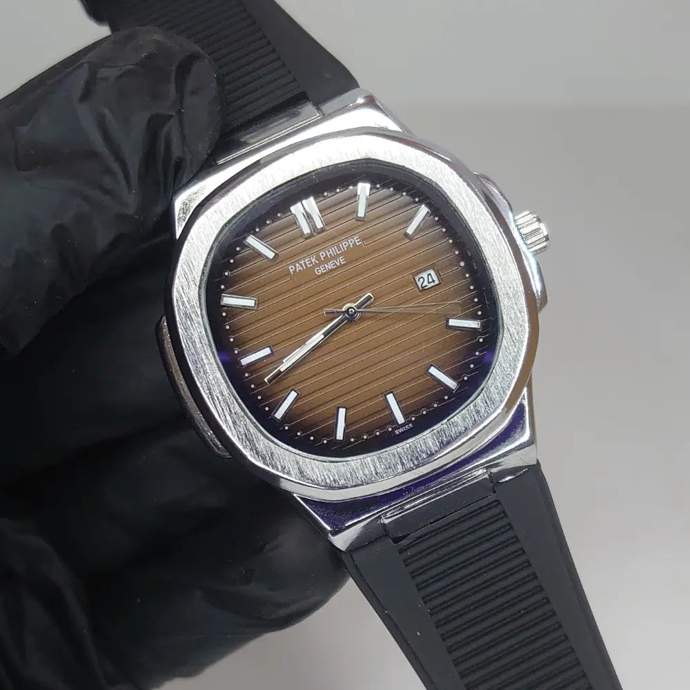 Patek Philippe Nautilus Style Watch ⌚ | Luxury Design | Elegant Blue & Brown Dials | Premium✨ Rubber Strap