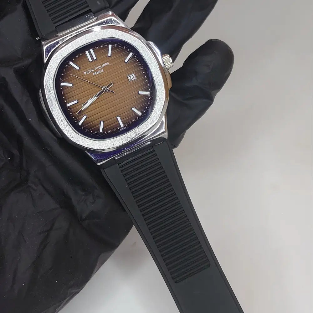 Patek Philippe Nautilus Style Watch ⌚ | Luxury Design | Elegant Blue & Brown Dials | Premium✨ Rubber Strap