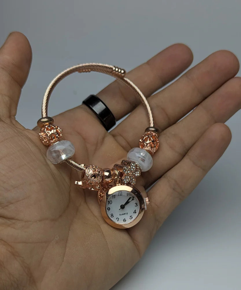 Dainty Gold Round Charms Bracelet Watch For Momen